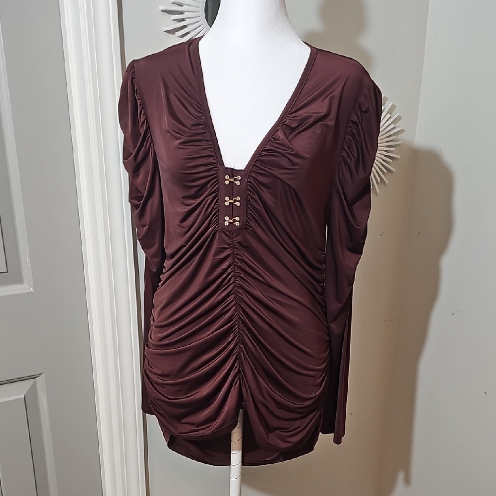 Cache Ruched V-Neck Blouse in Deep Brown
